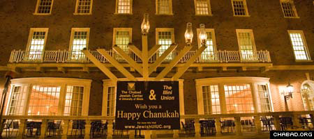 The Chabad Center for Jewish Life’s menorah stands in front of the student union building at the University of Illinois at Urbana-Champaign.