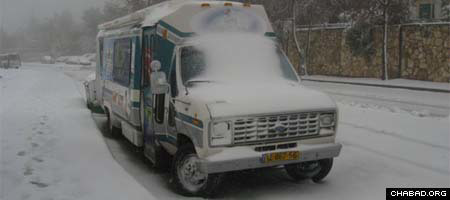 A Chabad-Lubavitch &quot;mitzvah tank&quot; is snowed-in in the city of Hebron. Some 10 centimeters of snow fell on Jerusalem and hilly areas in Israel’s north and south Tuesday night. Another 10 centimeters was expected by Thursday morning.