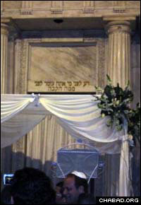 A chuppah, or Jewish wedding canopy, stands ready inside the Shanghai, China&#39;s historic Ohel Rachel Synagogue for the wedding of Denis Gi’han and Audrey Ohana.