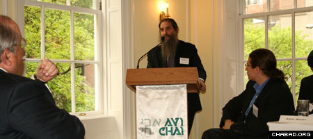 Chabad-Lubavitch Rabbi Menachem Schmidt outlines how he plans to use a new fellowship from the Avi Chai Foundation during a Monday afternoon press conference in New York City.
