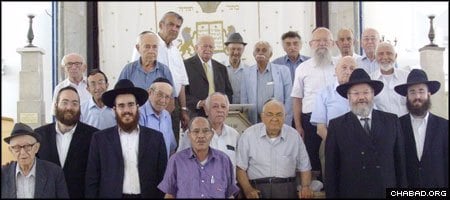 Seen here with their teachers, students of Tel Aviv’s Kolel Tiferet Zekanim Levi Yitzchak – a Chabad-Lubavitch yeshiva for retirees – are all in their 70s, 80s and 90s.
