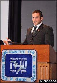 James Cook, whose life was saved by Virginia Tech professor Liviu Librescu, speaks at the annual dinner of the National Committee for the Furtherance of Jewish Education.