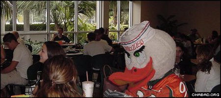 A University of Miami student chats it up with the school’s mascot at the Whitten University Center, where the nation’s largest on-campus kosher eatery opened this semester. (Photo: Chartwells)
