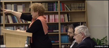 Holocaust historian Deborah Lipstadt lectures at the Oxford Chabad Society’s Samson Judaica Library, which is expanding its holdings of more than 3,000 volumes.