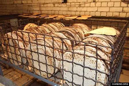 Trays of the real kosher-for-Passover matzah awaiting boxing and shipping at the bakery in Dnepropetrovsk.