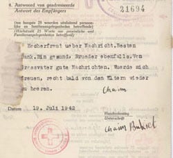 Chaim Meir’s telegram to Moshe Stiel with a message for his parents. The message was never delivered. (Courtesy of The Netherlands Red Cross)