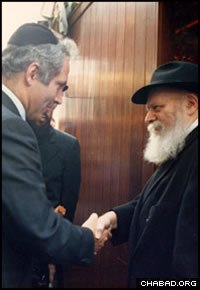 Future Israeli Prime Minister Benjamin Netanyahu meets the Rebbe, Rabbi Menachem M. Schneerson, of righteous memory, during the holiday of Sukkot.