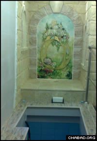 The Brooklyn, N.Y., based artist Michoel Muchnik produced a painting for the renovated immersion room of the Mikvah Chana ritual bath in Safed, Israel.