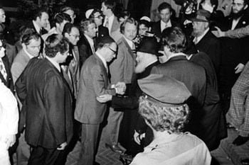 The Rebbe, of righteous memory, greets Israeli Prime Minister Menachem Begin, prior to his private audience with the Rebbe.