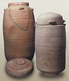 The clay jars in which many of the better preserved scrolls were found.