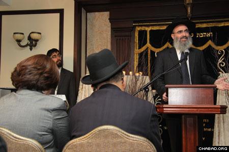 Rabbi Ben Tzion Krasnianski, director of Chabad-Lubavitch of the Upper East Side of Manhattan, emceed the Nov. 16 memorial ceremony, which occurred exactly one year after terrorists stormed the Chabad House in Mumbai, India, and murdered its two directors, Rabbi Gavriel and Rivka Holtzberg, and four of their Jewish guests. Philanthropist George Rohr also spoke at the event. (Photo: David Levi)