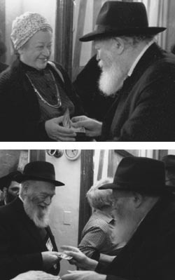 Zalman and Roselyn Jaffe, receiving dollars from the Rebbe. Tishrei 5752 (1991) and Tishrei 5748 (1987) respectively.