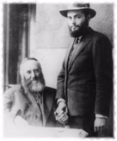 The Previous Lubavitcher Rebbe, Yosef Yosef Schneerson, with his son-in-law, the Rebbe, Menachem Mendel Schneerson.