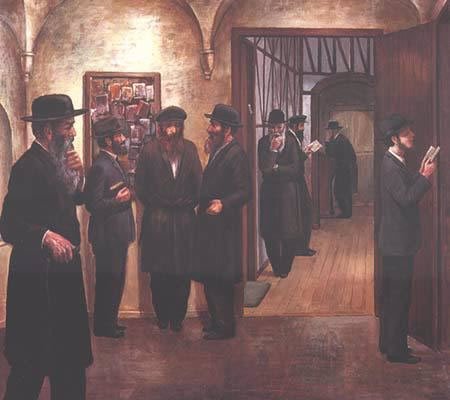 Chassidim waiting to enter the Rebbe&#39;s room for yechidut (&quot;oneness&quot;) &amp;mdash; the meeting of souls between rebbe and chassid. - Painting by Zalman Kleinman | Courtesy Zev Markowitz / Chai Art Gallery