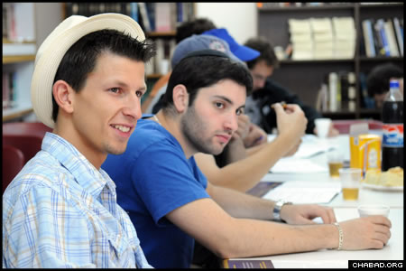 Participants of the IsraeLinks program study during a class at the Mayanot Institute of Jewish Studies in Jerusalem. Over the last three years, more than 300 American university students have joined the three-week program run by the Chabad on Campus International Foundation.