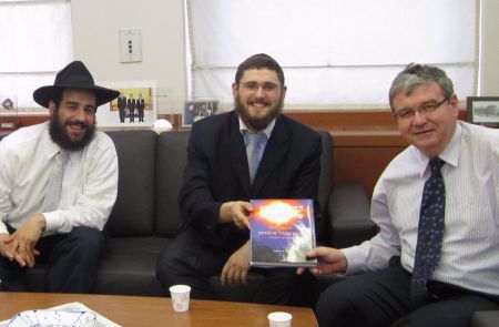 Roving Rabbis, Moshe Frank and Berri Spitezki with Mr. Tuvia Israeli, Israeli Ambassador to S. Korea, with the book that led us to the story.