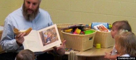 Rabbi Meir Muller, who recently received a Ph.D. in early childhood education, teaches children at the Columbia Jewish Day School about the holiday of Rosh Hashanah.