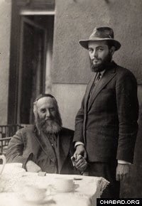 A photograph of the Sixth Lubavitcher Rebbe, Rabbi Yosef Yitzchak Schneersohn, of righteous memory, and his son-in-law, the future Rebbe, Rabbi Menachem M. Schneerson, of righteous memory.