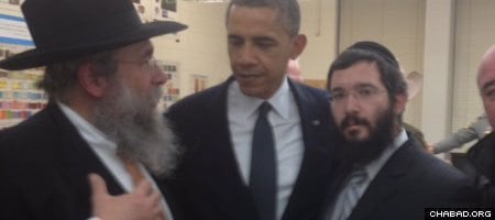President Obama at Newtown High School with Rabbi Yisrael Deren, director of Chabad-Lubavitch of Western and Southern New England (left) and Rabbi Sholom Deitsch, director of Chabad of Ridgefield, Conn (right).