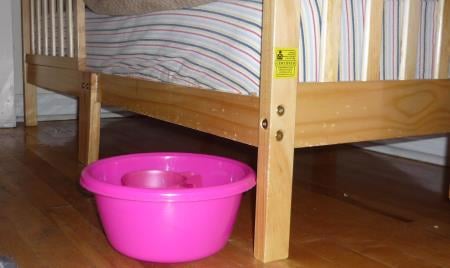 R&#39;s pink basin and cup next to her toddler-bed, all ready for the morning.