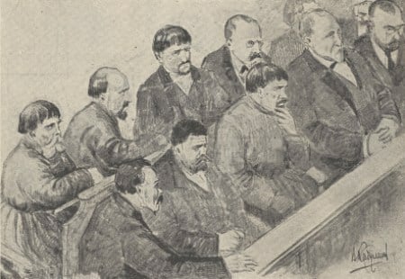 An artist’s rendering of the jury. More than half the jurors were members of the Union of the Russian People.