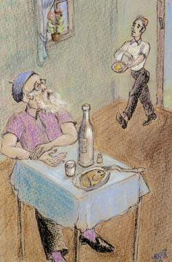 Artist at the Table by Checnoch Lieberman. Color pencil, 1972.