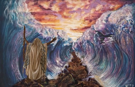 Depiction of Moses Splitting the Sea. (Art by Natalia Kadish)