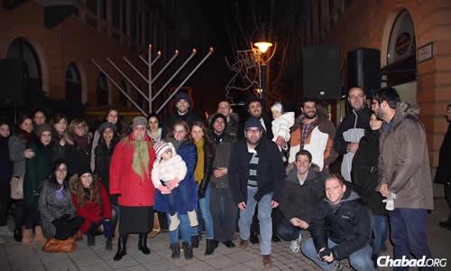 Rabbi Shmuel Faigen, back row with baby, has been living in Hungary since 2010 with his wife, Riki, as co-directors of Chabad on Campus of Debrecen.