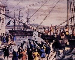 An 1846 lithograph by Nathaniel Currier entitled &quot;The Destruction of Tea at Boston Harbor.&quot;