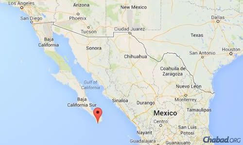 The Chabad center in Cabo San Lucas, Mexico, lies at the southern tip of the Baja Peninsula, an almost 1,200-mile drive from Tijuana at the northern border with the U.S. (Map: Google)