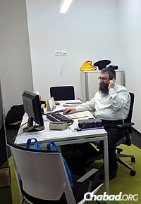 Rabbi Pinchas Vishedski, co-director of Chabad-Lubavitch of Donetsk, has been working in a temporary office in central Kiev. (Photo: Dovid Margolin)