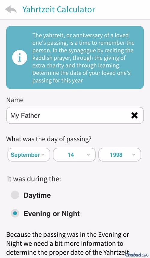 The app calculates and stores yahrtzeit dates, helping the user to track upcoming Kaddish dates. It even allows them to share the information with others, inviting them to attend synagogue services with them via email and social media.