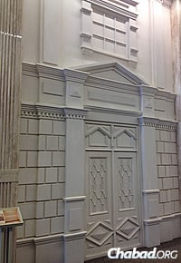 One of 12 facades of former synagogues in the city featured in a hallway in the Menorah Center.