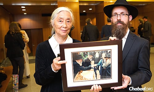 Nishio and Rabbi Elkanah Shmotkin, executive director of Jewish Educational Media (JEM). (Photo: Gregg Richards)