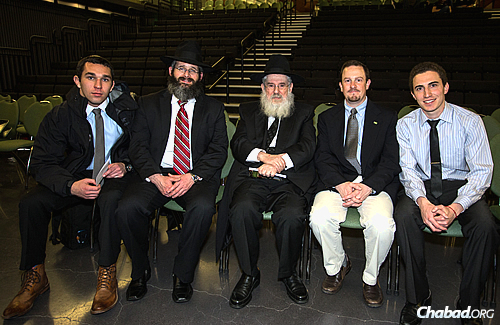 From left: Alex Ingber​, president of Students for Holocaust Awareness and vice president of Chabad Jewish Student Organization; Rabbi Yerachmiel Gorelik, co-director of the Rohr Chabad Jewish Center of Northern Colorado & Colorado State University and faculty advisor of Chabad Jewish Student Organization; Rabbi Nissen Mangel; Adam Fedrid, faculty advisor for Hillel; and Hillel coordinator Alex Amchi. (Photo: Eliott Foust)