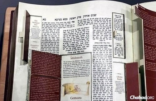 A sample of the Talmud, as formatted for the so-called Vilna edition by the Romm publishing house. Visitors can explore the layout of commentaries on the page.