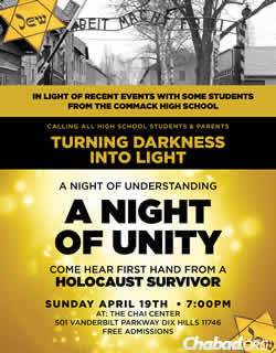 A flier announces an April 19 evening meeting to address teen sensibilities and the Holocaust.