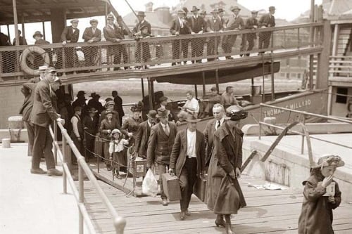 Jewish immigrants arriving in New York City via Ellis Island.