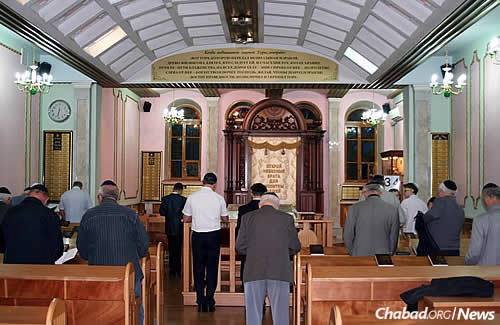 Men and boys pray in the Donetsk synagogue before the official start of the Jewish New Year.
