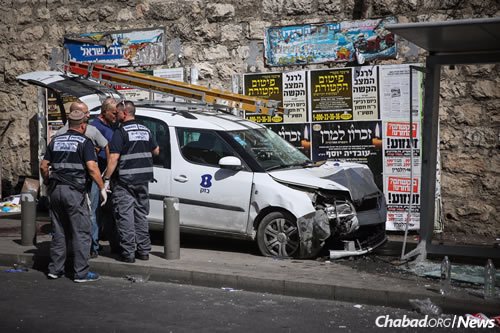 The site where a terrorist rammed his car into pedestrians on Malchei Yisrael Street in Jerusalem. (Photo: Hadas Parush/FLASH90)