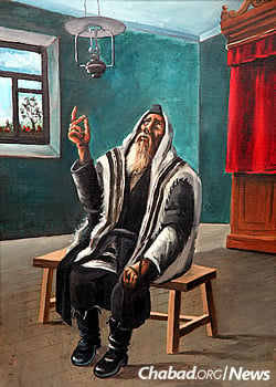 “When we pray, we need to focus on what we are saying and appreciate what it is saying to us,” instructs Kaplan. Above, Chassidic artist Hendel Liberman depicts Rabbi Yisroel Neveler (Levine) deep in prayer.