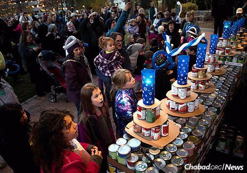 A menorah constructed by community members affiliated with Chabad-Lubavitch of Greensboro, N.C. It's made out of canned-food items, which after Chanukah will be donated to the hungry.