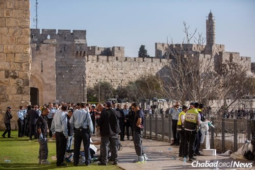 Two men were killed and a third wounded in a terrorist stabbing attack outside the entrance to the Jaffa Gate in the Old City of Jerusalem. (Photo: Yonatan Sindel/Flash90)