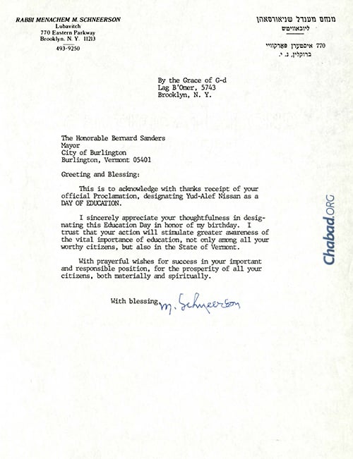 In this letter, dated Lag B’Omer 5743 (1983) and addressed to Mayor Bernard Sanders, the Rebbe thanks the mayor for his thoughtfulness in designating Education Day in honor of his birthday. Credit: 20/31, Bernard Sanders Papers, Special Collections, University of Vermont Library.