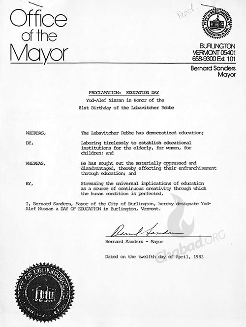 Mayor Bernard Sanders proclaims the Rebbe’s birthday as a Day of Education in Burlington Vermont in 1983. Credit: 39/35, Bernard Sanders Papers, Special Collections, University of Vermont Library.