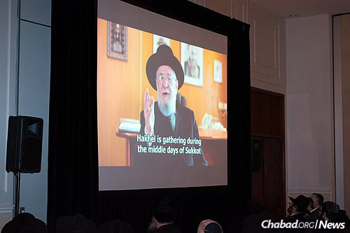 Rabbi Israel Meir Lau, former Ashkenazi Chief Rabbi of Israel and current Chief Rabbi of Tel Aviv, spoke via video. (Omega Photo/Mendel Dahan)
