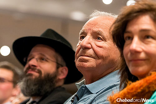 Rosa is thanked for his participation at CSU. Here, he is seated next to his daughter, Yvette Rosa, who lives in Colorado, and Rabbi Gorelik. (John Eisele/CSU Photography)