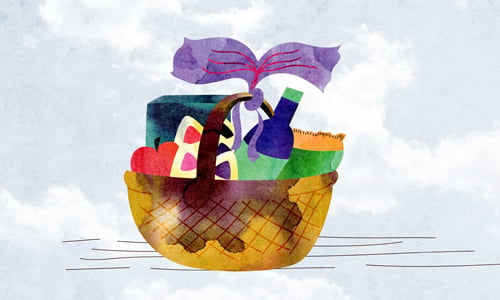 A gift basket with Purim treats. - Art by Sefira Lightstone