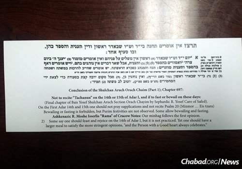 The reverse side of the card with a quote from the “Code of Jewish Law” concerning Purim Katan.