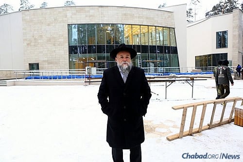 Rabbi Alexander Barada stands in front of the Zhukovka Jewish Community Center, which opened in December. He also serves as president of the Federation of Jewish Communities of Russia.